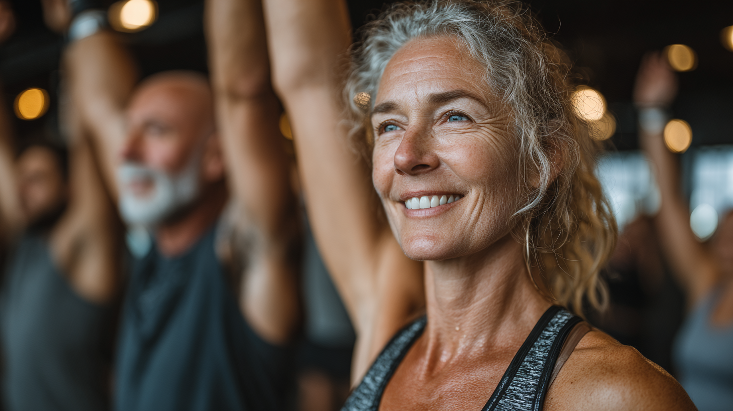 Група людей 50-60 років на заняттях йогою